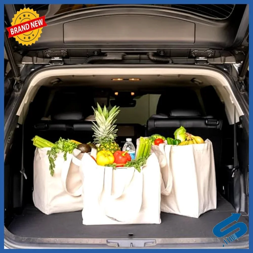 Reusable Canvas Grocery Tote Bags Heavy Duty Washable Foldable 3 Pack